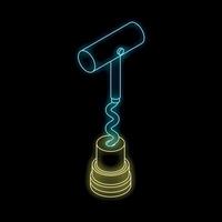 Neon corkscrew opening wine bottle isometric view vector