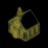 Glowing yellow church building wireframe isometric projection vector