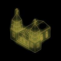 Neon yellow church building glowing on black background vector