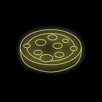 Round uncooked pizza dough with pepperoni slices neon sign on black background vector