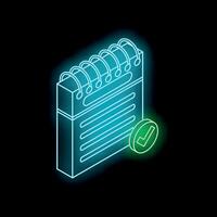 Glowing neon line notebook with to do list or writing pad and check mark icon isolated on black background vector