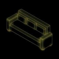 Yellow neon sofa shining in the dark isometric view vector