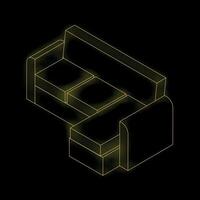 Glowing yellow isometric sofa on black background vector