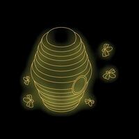 Glowing neon beehive with honey bees flying around isometric view vector