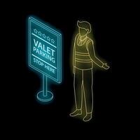 Valet parking attendant gesturing to stop sign with neon light effect vector