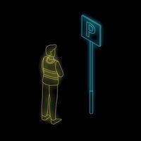 Construction worker looking for parking sign isometric view vector