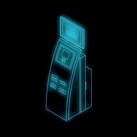 Neon blue outline of a payment terminal standing on black background vector
