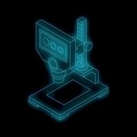 Isometric view of a microscope with blue neon glowing lines vector
