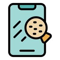 Magnifying glass examining smartphone screen for viruses and malware vector