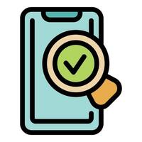 Magnifying glass hovering over smartphone with check mark displayed on screen vector