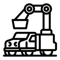 Robotic arm lifting cargo container onto truck, automation in logistics vector