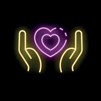 Two hands holding glowing neon heart symbol on black background vector
