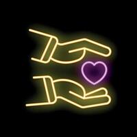 Two hands protecting a fragile heart neon sign icon vector
