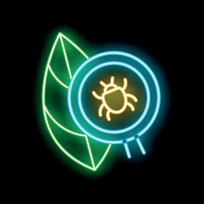 Neon sign representing bio security with leaf and bug symbol