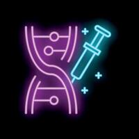 Neon icon of syringe injecting dna structure representing genetic engineering vector