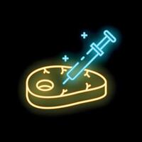 Neon icon of syringe injecting hormones into meat vector