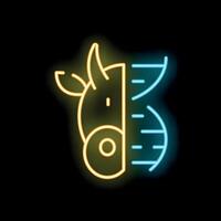 Neon icon of cow genetics and dna modification representing genetic engineering in cattle breeding vector