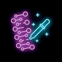 Pipette dropping liquid on dna structure neon sign vector