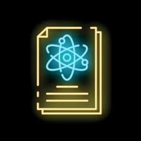 Neon icon of documents with atom representing scientific research papers vector