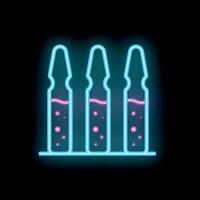 Neon sign representing three medical ampoules with liquid inside on support vector