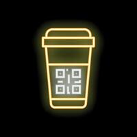 Neon sign of coffee cup with qr code on black background vector
