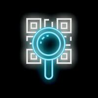 Neon magnifying glass exploring qr code on black background vector