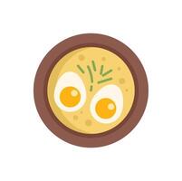 Soup with eggs and greens in brown bowl being served for dinner vector