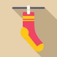Clean sock hanging on clothesline with clothespin, drying laundry after washing vector