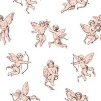 Seamless pattern Cupids holding bows and shooting arrows on white background. Backdrop with pink cute angels, gods of romantic love and passion. illustration for textile print, wrapping paper. vector