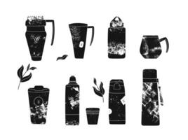 Collection of various vacuum flasks or thermoses and thermal mugs for warm drinks isolated on white background. Set of storage vessels used to keep beverages hot. Monochrome illustration. vector