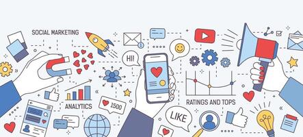 Horizontal banner with hands holding magnet, megaphone and smartphone with heart on screen surrounded by symbols and charts. Social media marketing, seo optimization. Modern illustration. vector
