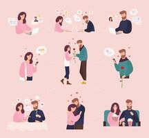 Collection of man and woman using website or mobile application for dating or searching for romantic partner on internet. Cute couple that met online. Flat cartoon colorful illustration. vector