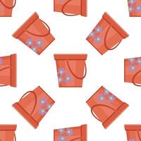 Red buckets with purple flowers seamless pattern on white background vector