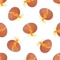 Cracked eggs seamless pattern leaking yolk and egg white on white background vector