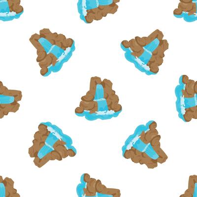 Seamless pattern of waterfall cascading from brown rocks on white background