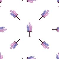 Seamless pattern with shiny pink and purple crystals on stands displayed, ideal for esoteric or fantasy backgrounds vector