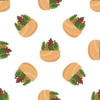 Seamless pattern of potted plants with autumn leaves growing inside orange square pots on white background vector