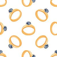 Seamless pattern of gold rings with blue gemstones representing commitment and love vector