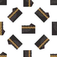 Seamless pattern of appetizing dark chocolate cake slices with filling and chocolate chips on top vector