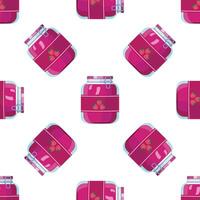 Seamless pattern with jars of raspberry jam displaying vibrant pink hues and fresh berries, perfect for food packaging or kitchen decor vector
