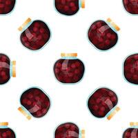 Seamless pattern with glass jars filled with ripe cherries preserved in sweet syrup vector