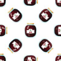 Cherry jam glass jars seamless pattern on white background vector