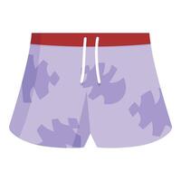 Purple patterned swim shorts with red waistband and white string laying flat vector