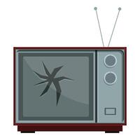 Old broken television showing cracked screen with rabbit ears antenna vector