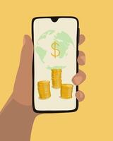 A hand presents a smartphone that features a globe and stacks of coins symbolizing a global financial network and economic activity vector