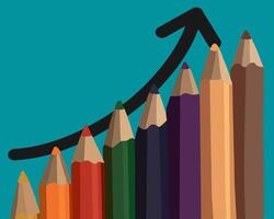 Colorful pencils are stacked to showcase growth, with an upward arrow indicating progress in creative work and innovation vector