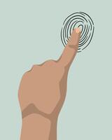 A hand gently touches a fingerprint scanner, symbolizing the use of biometric identification in modern technology and security vector