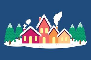 Colorful Village With Snow And Warm Light From The Window In Christmas Winter vector