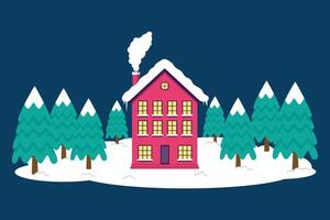House Or Residence With Warm Light Surrounded By Snow And Pine Trees In Christmas Season vector