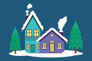 Snowy Home Or Residence With Warm Light And Snow In Christmas Season vector